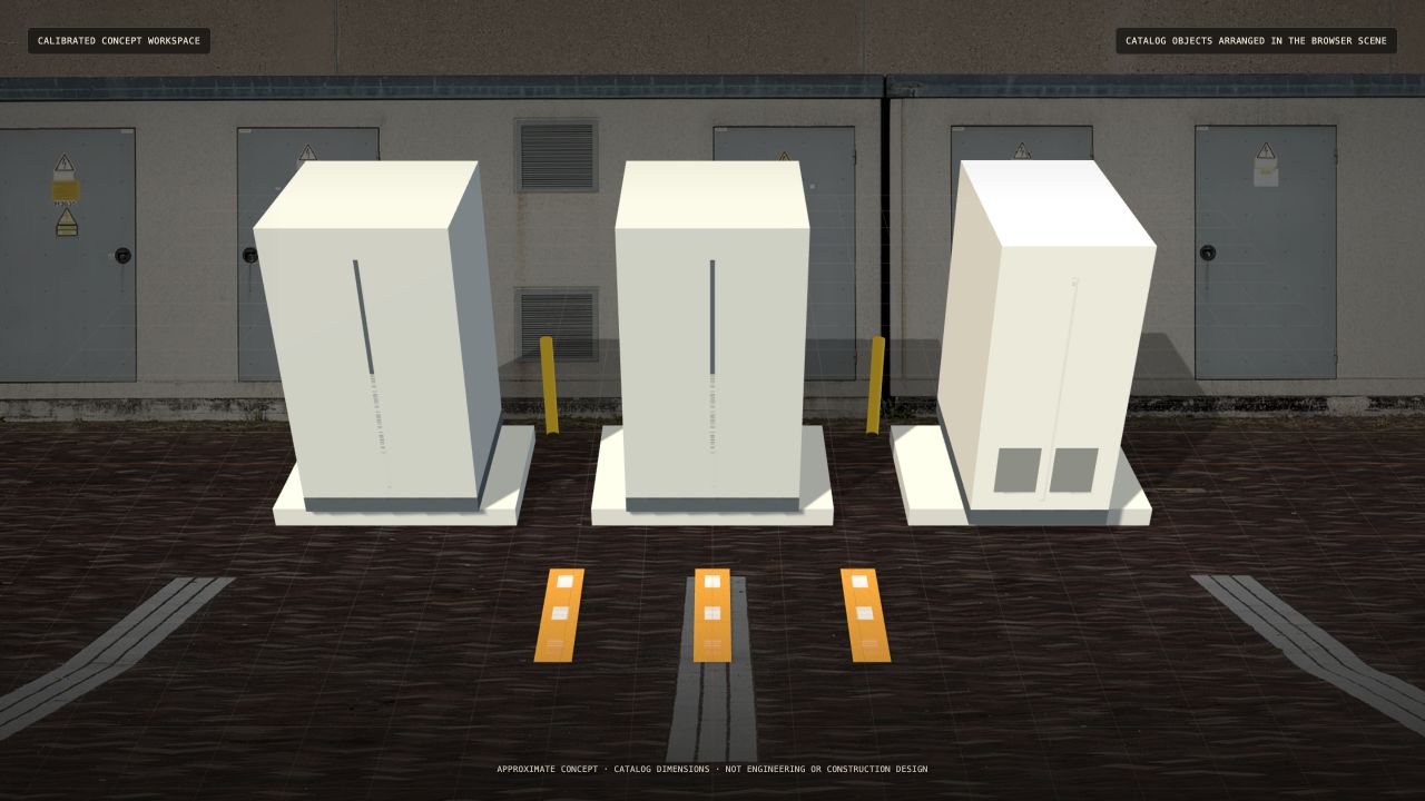 Captured Joulepad 3D scene with battery cabinets, controls, pads, bollards, and route markers